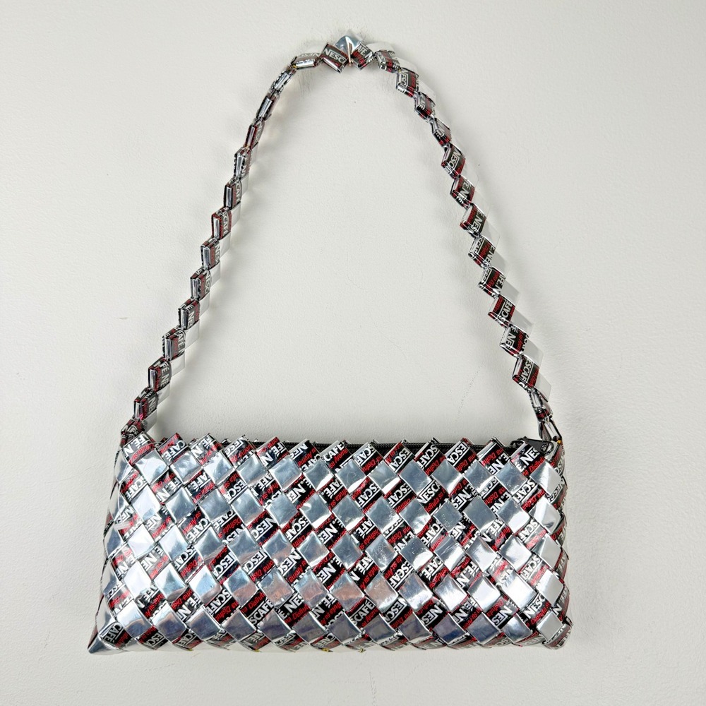 Handmade Candy Wrapper Woven Shoulder Bag Women Silver Metallic Upcycled Handbag